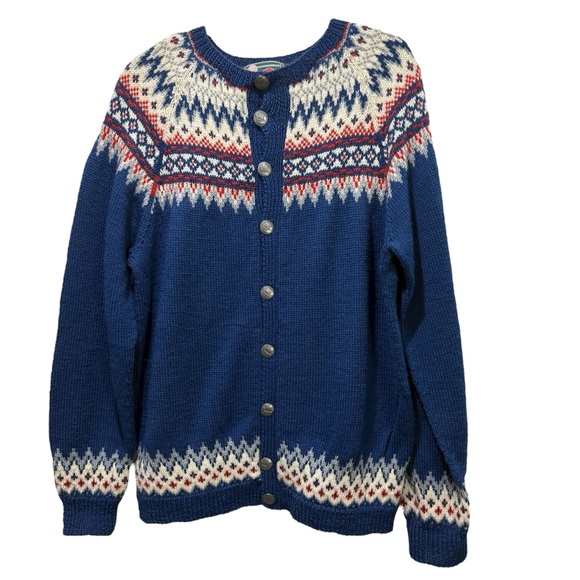 VTG Blue Fair Isle Norwegian Hand Knit Klover Huset Sweater Viking Ship L/XL?